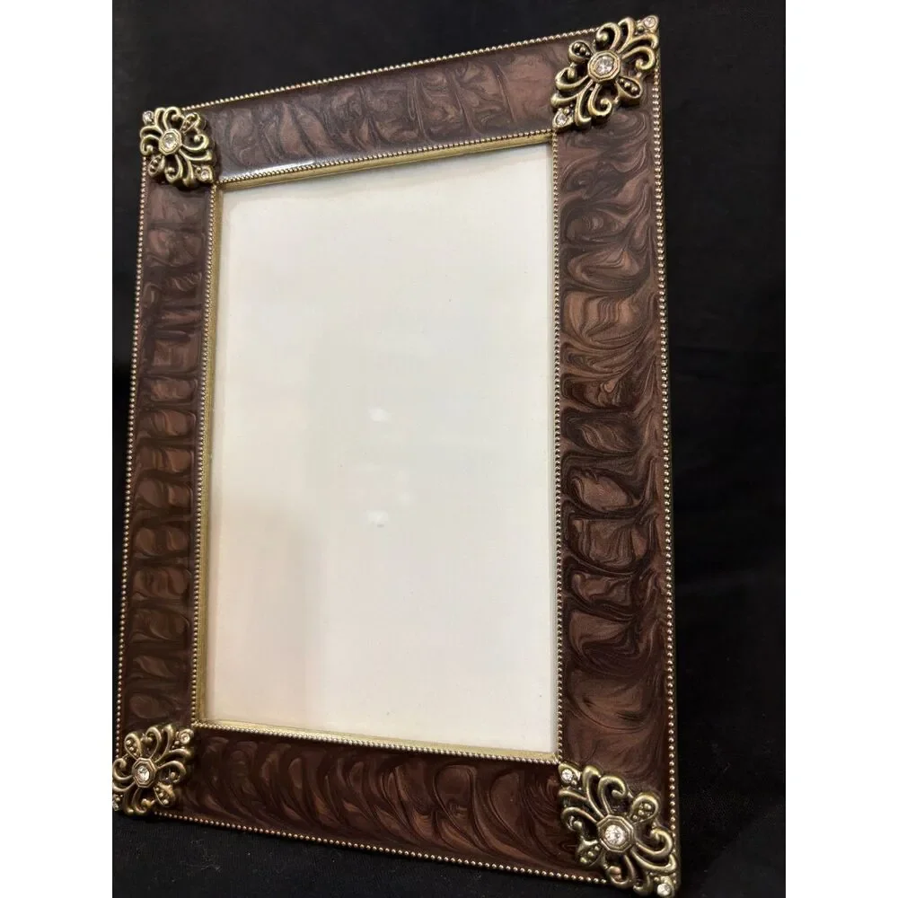 Vintage 90s Ornate Brown Faux Marble Enamel Picture Frame 5x7 Gold Filigree